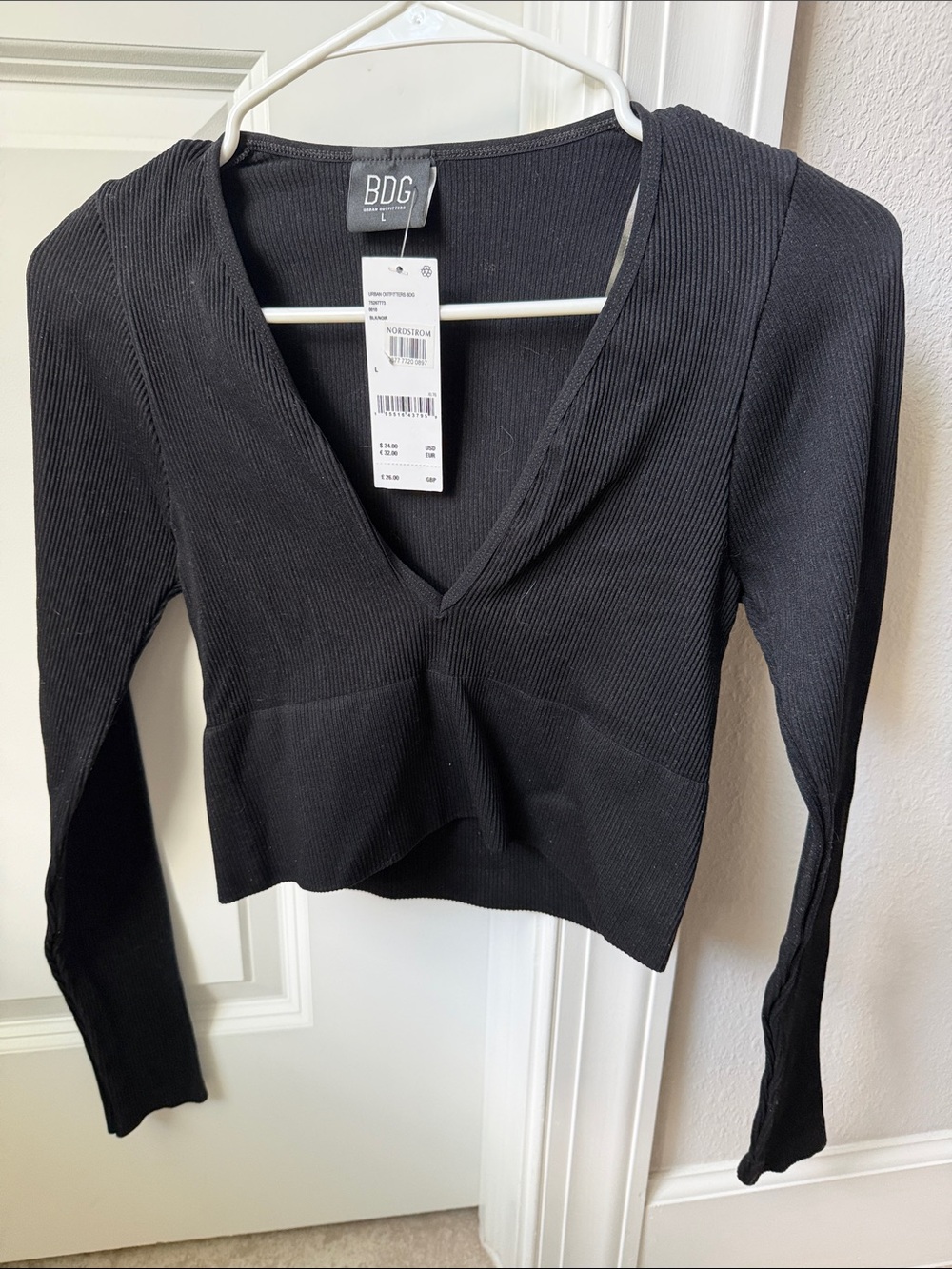 BDG Black Ribbed V-Neck Long Sleeve Cropped Top